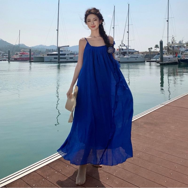 Scoop Dress Plain A-Line Maxi Neck Ruffle Strap Trim Spaghetti