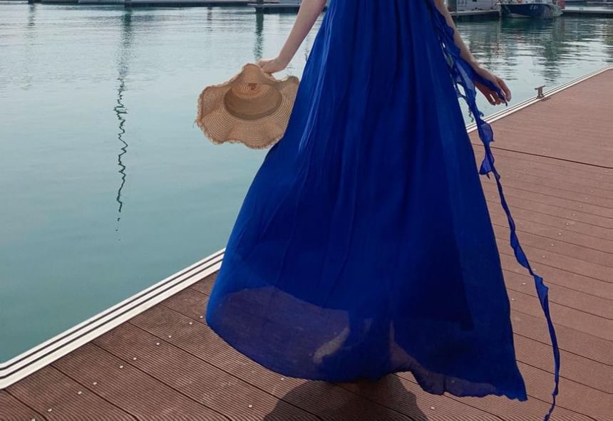 Trim Spaghetti Neck A-Line Dress Plain Maxi Strap Scoop Ruffle