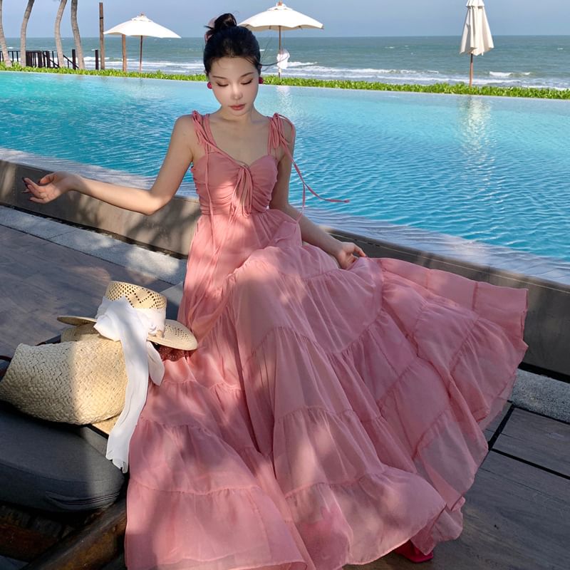 V-Neck Strap Plain Ruffle Spaghetti Maxi Dress A-Line Trim