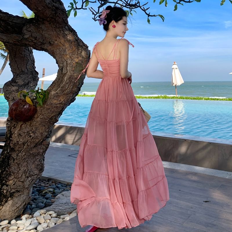 V-Neck Strap Plain Ruffle Spaghetti Maxi Dress A-Line Trim