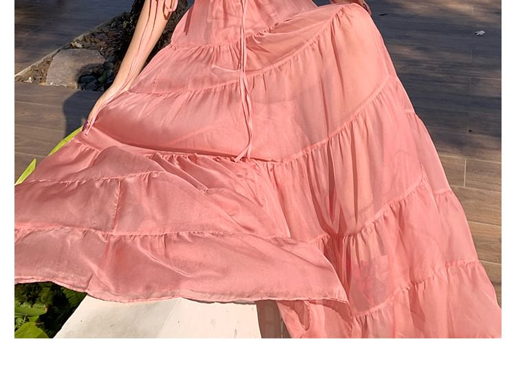 V-Neck Strap Plain Ruffle Spaghetti Maxi Dress A-Line Trim