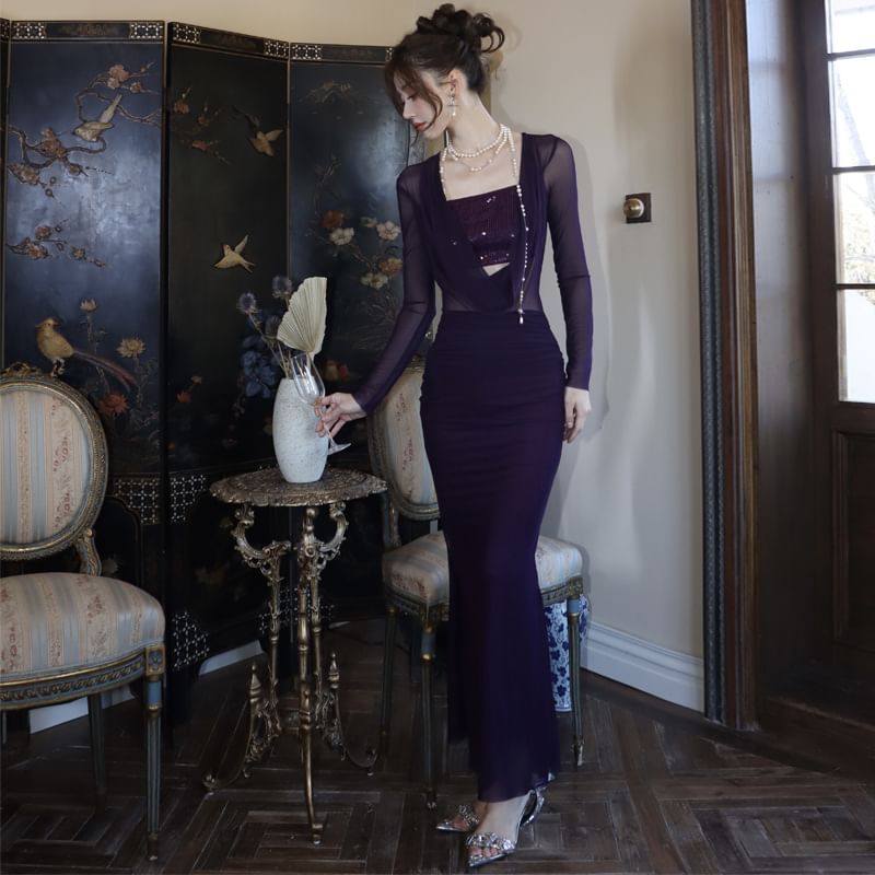 Sleeve Sequined Panel Bodycon Long Cowl Dress Neck Maxi Plain