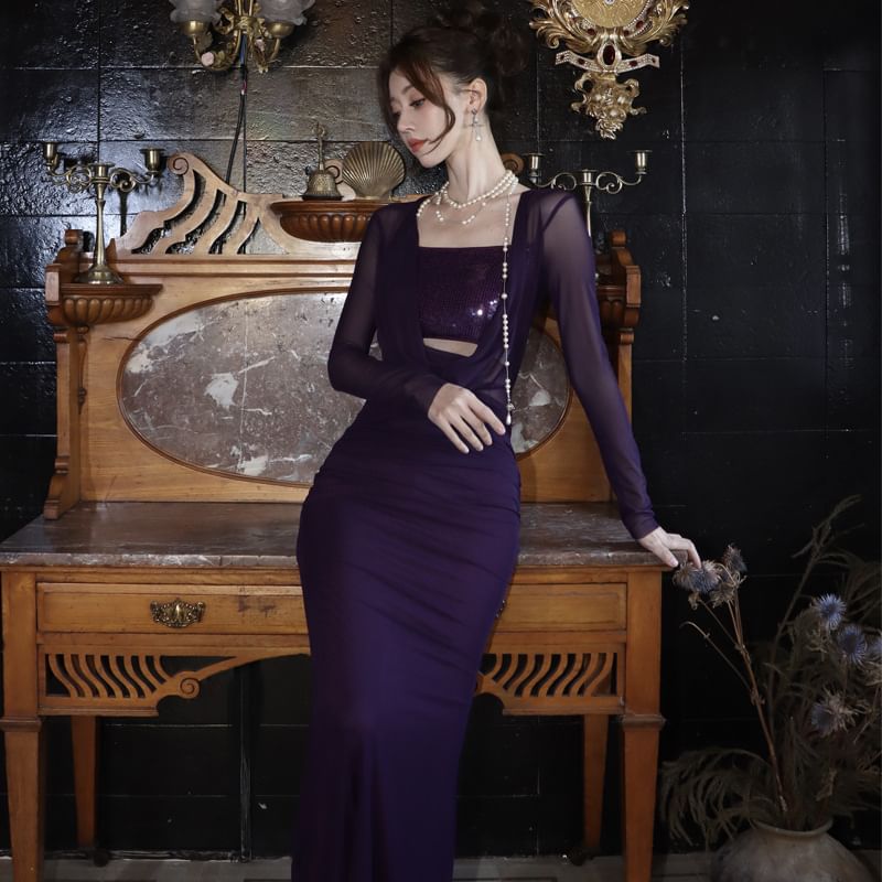 Sleeve Sequined Panel Bodycon Long Cowl Dress Neck Maxi Plain