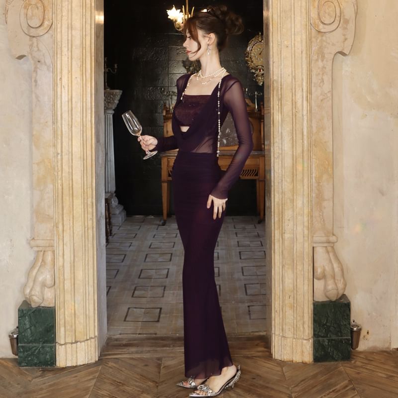 Sleeve Sequined Panel Bodycon Long Cowl Dress Neck Maxi Plain