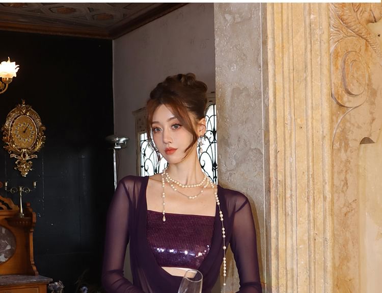 Long Bodycon Panel Dress Cowl Sequined Maxi Neck Sleeve Plain