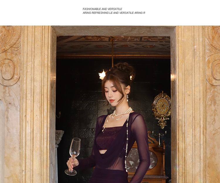 Sleeve Sequined Panel Bodycon Long Cowl Dress Neck Maxi Plain