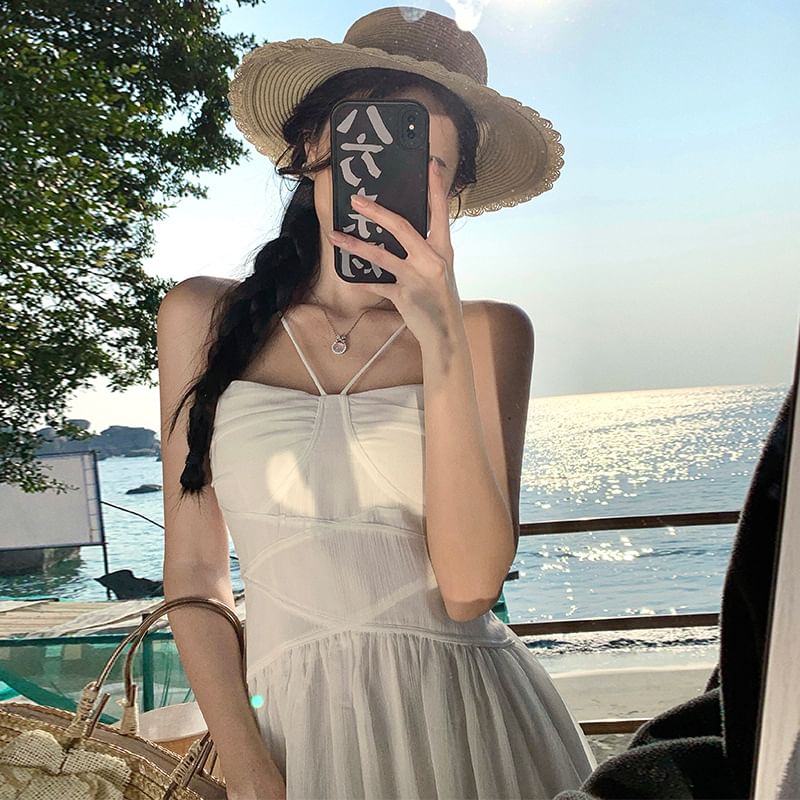 Plain Ruched Maxi Dress A-Line Spaghetti Strap