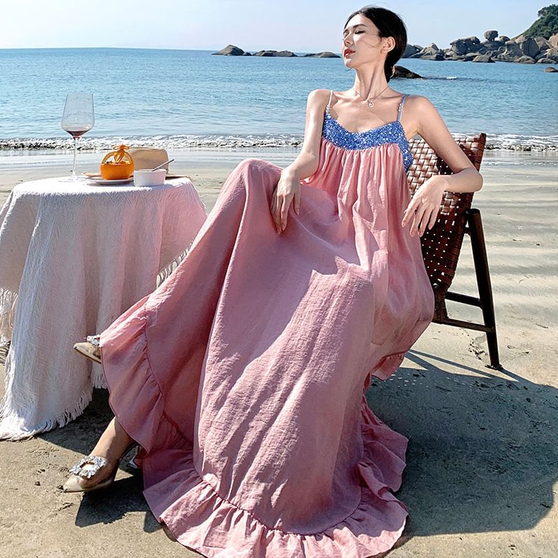 Dress Ruffle Maxi A-Line Hem Panel Strap Spaghetti Sequined