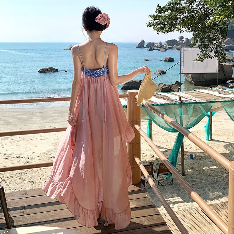 Dress Ruffle Maxi A-Line Hem Panel Strap Spaghetti Sequined