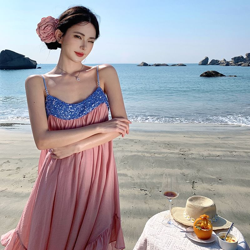 Dress Ruffle Maxi A-Line Hem Panel Strap Spaghetti Sequined