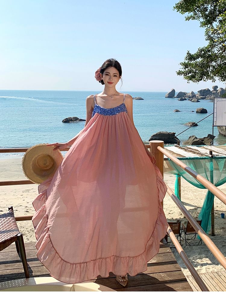 Dress Ruffle Maxi A-Line Hem Panel Strap Spaghetti Sequined
