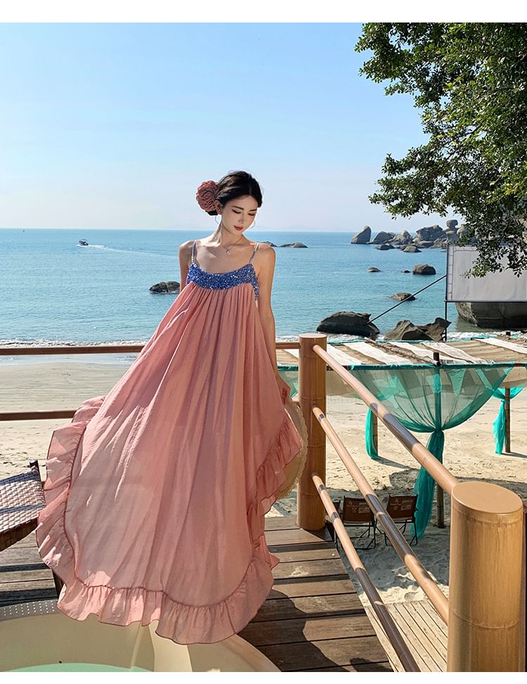 Dress Ruffle Maxi A-Line Hem Panel Strap Spaghetti Sequined
