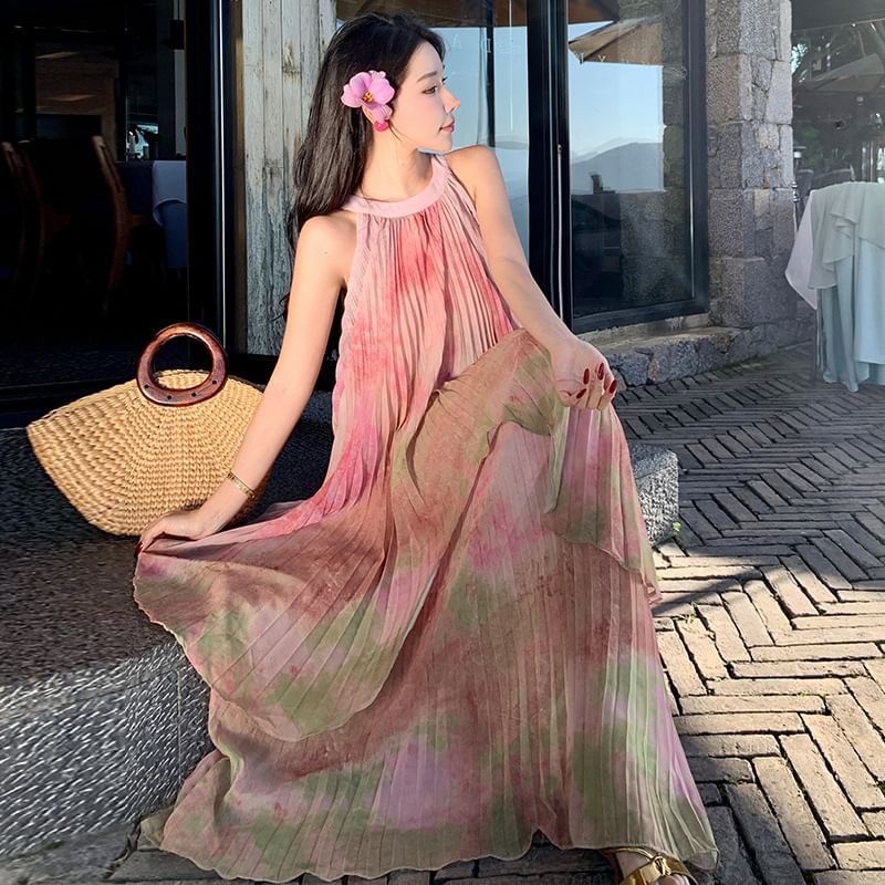 Neck Dress Maxi Dye A-Line Sleeveless Pleated Tie Crew