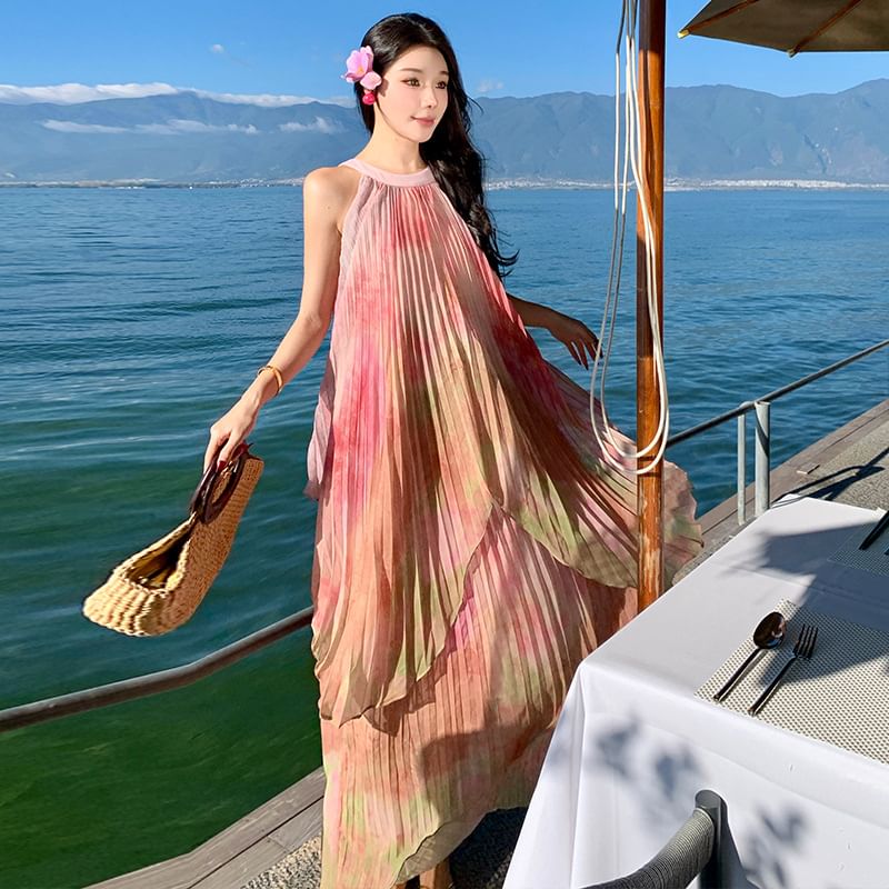 Maxi A-Line Dye Crew Sleeveless Neck Dress Pleated Tie