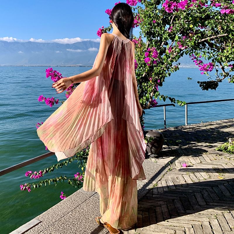 Neck Dress Maxi Dye A-Line Sleeveless Pleated Tie Crew