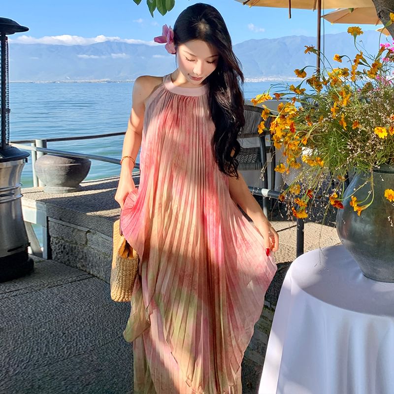 A-Line Pleated Dress Neck Tie Maxi Crew Sleeveless Dye