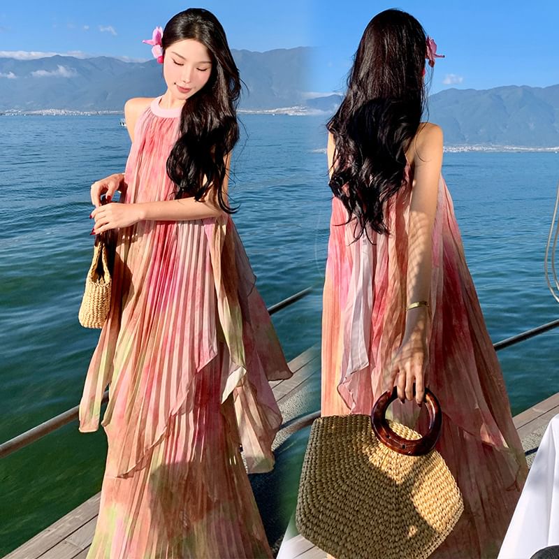 Maxi A-Line Dye Crew Sleeveless Neck Dress Pleated Tie