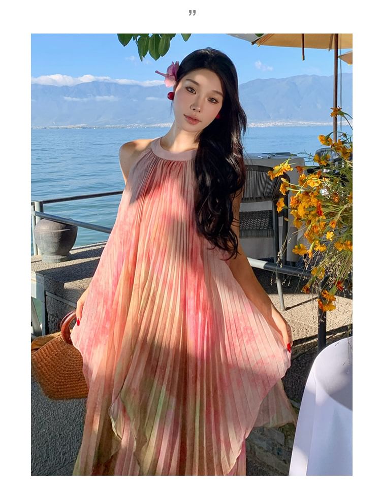 Neck Dress Maxi Dye A-Line Sleeveless Pleated Tie Crew