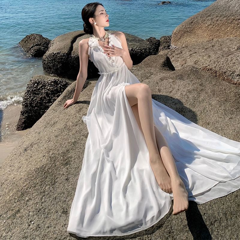 Slit Dress Sleeveless Plain V-Neck A-Line Maxi