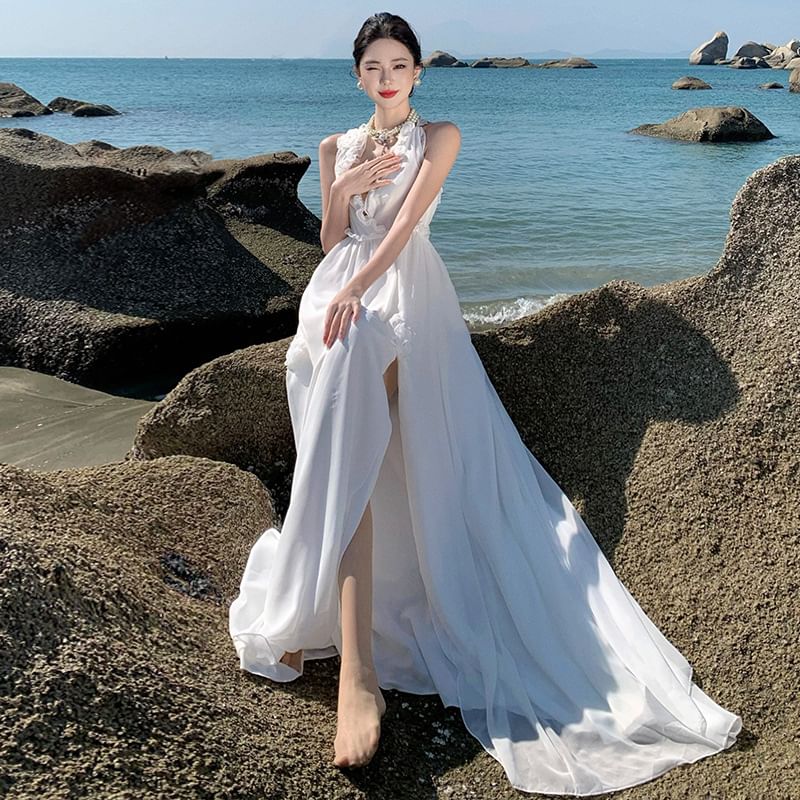 Slit Dress Sleeveless Plain V-Neck A-Line Maxi