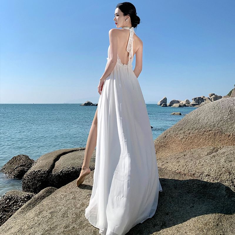 V-Neck Dress Plain Maxi A-Line Sleeveless Slit