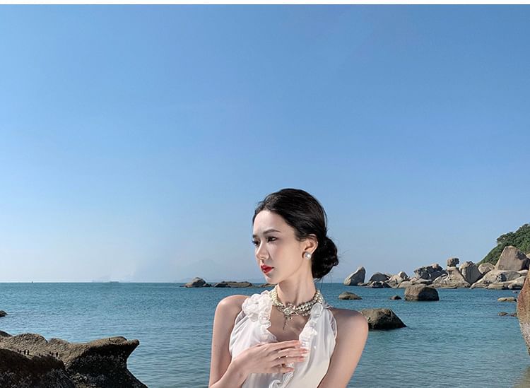 Slit Dress Sleeveless Plain V-Neck A-Line Maxi