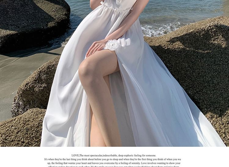 Slit Dress Sleeveless Plain V-Neck A-Line Maxi