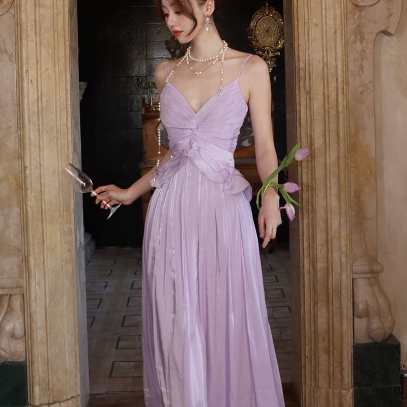 Ruffle Maxi Trim V-Neck Spaghetti Strap Plain Dress A-Line