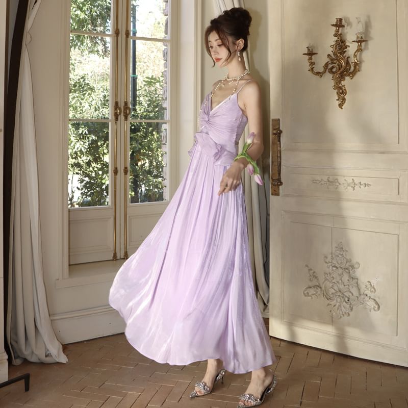 A-Line Strap V-Neck Dress Spaghetti Plain Trim Maxi Ruffle