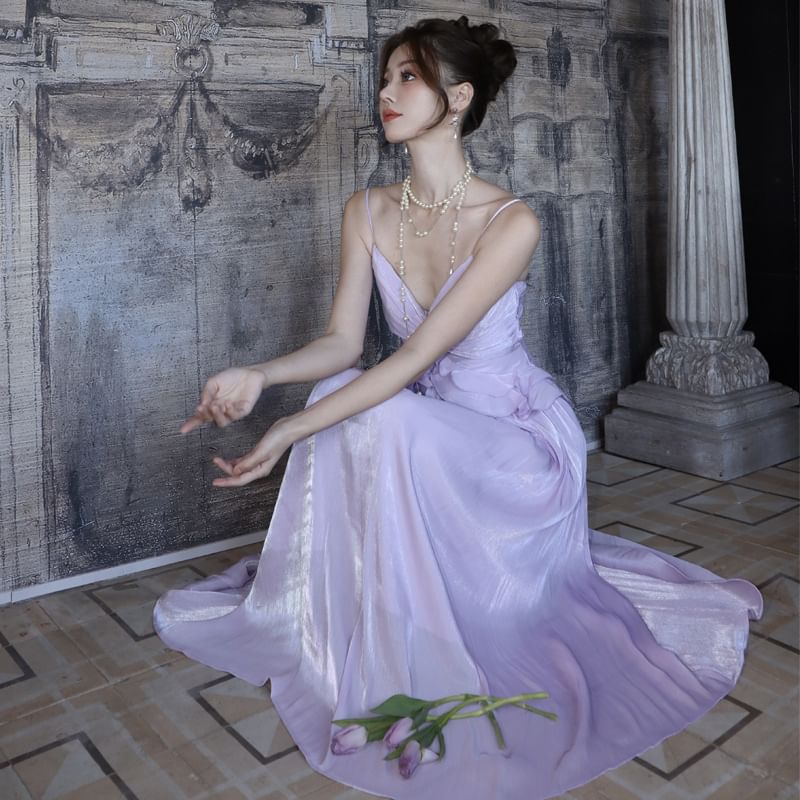 Ruffle Maxi Trim V-Neck Spaghetti Strap Plain Dress A-Line