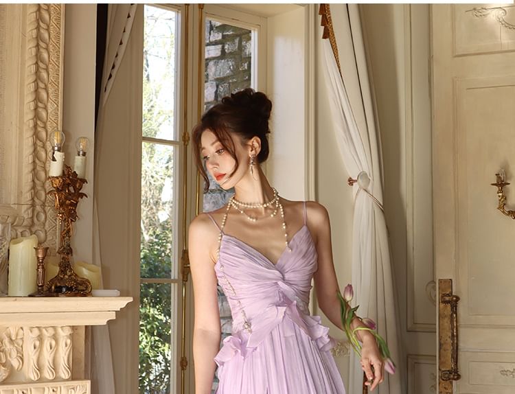 Strap Plain Ruffle Maxi V-Neck Dress Spaghetti A-Line Trim