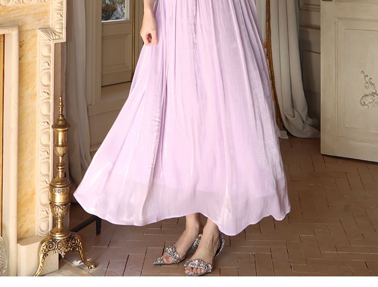 A-Line Strap V-Neck Dress Spaghetti Plain Trim Maxi Ruffle