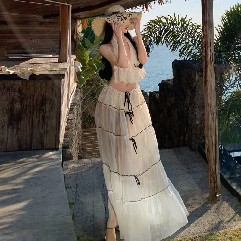 Skirt Crop + Top V-Neck Detail Bow Sleeveless Set: Maxi Mid Plain A-Line Rise