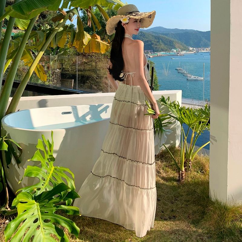 Skirt Crop + Top V-Neck Detail Bow Sleeveless Set: Maxi Mid Plain A-Line Rise