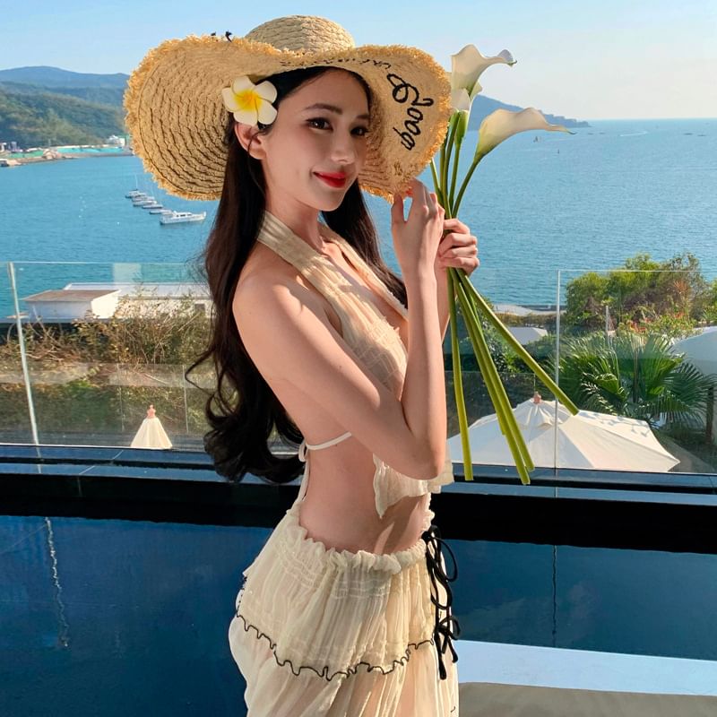 Skirt Crop + Top V-Neck Detail Bow Sleeveless Set: Maxi Mid Plain A-Line Rise