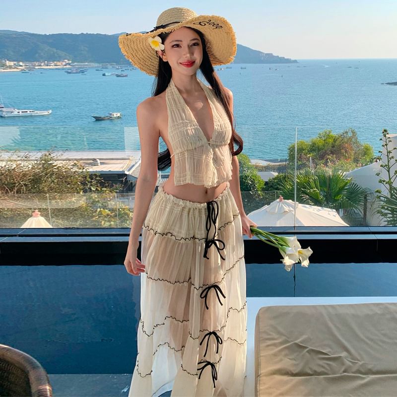 Skirt Crop + Top V-Neck Detail Bow Sleeveless Set: Maxi Mid Plain A-Line Rise