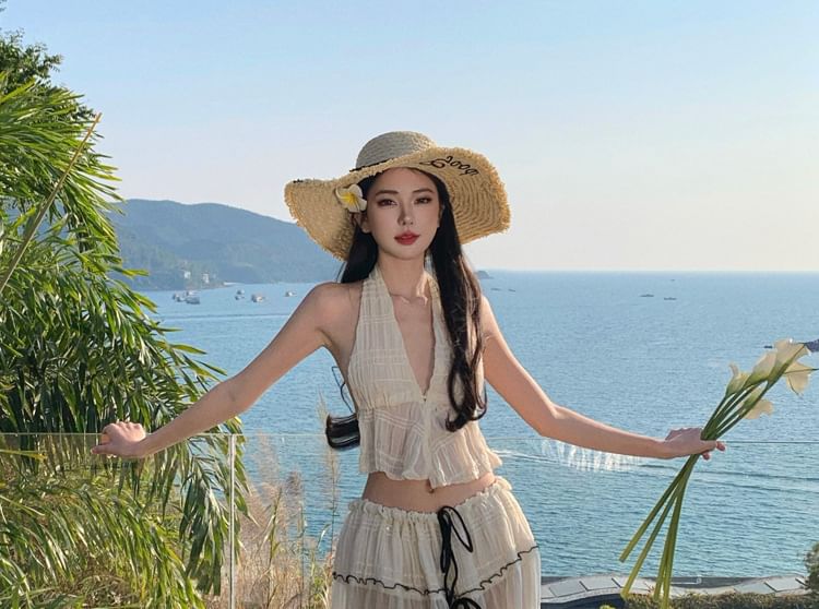 Skirt Crop + Top V-Neck Detail Bow Sleeveless Set: Maxi Mid Plain A-Line Rise