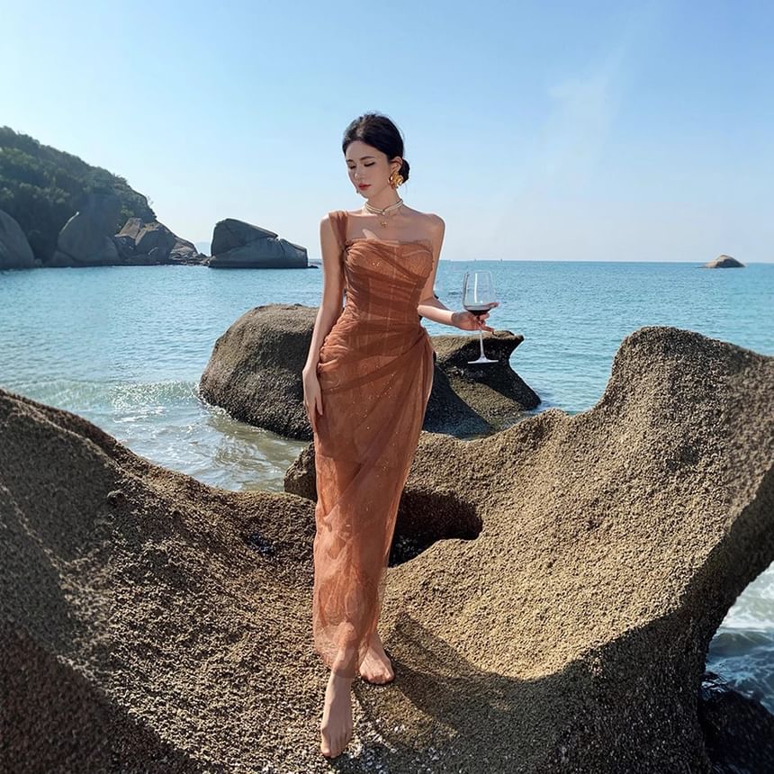 Maxi Sleeveless Evening One Ruffle Shoulder Sheer Sequin Gown