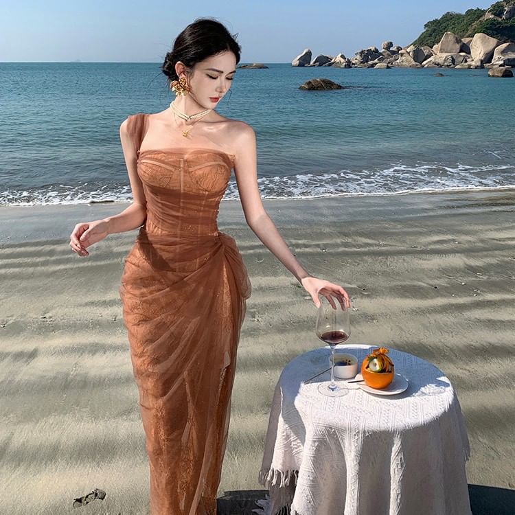 Maxi Sleeveless Evening One Ruffle Shoulder Sheer Sequin Gown