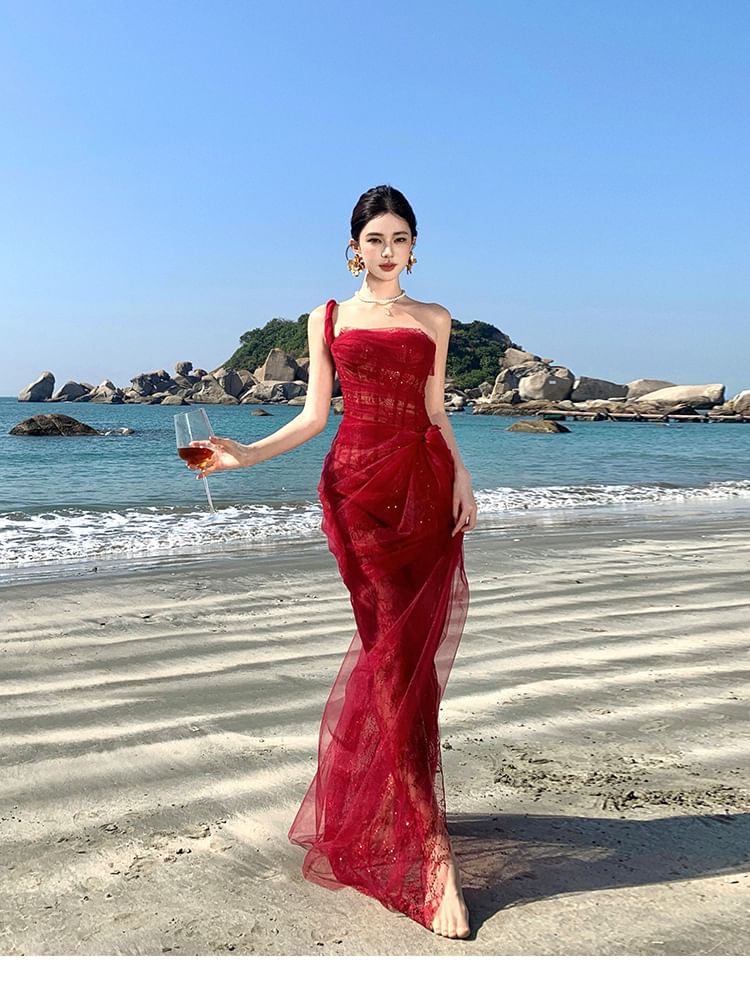 Maxi Sleeveless Evening One Ruffle Shoulder Sheer Sequin Gown