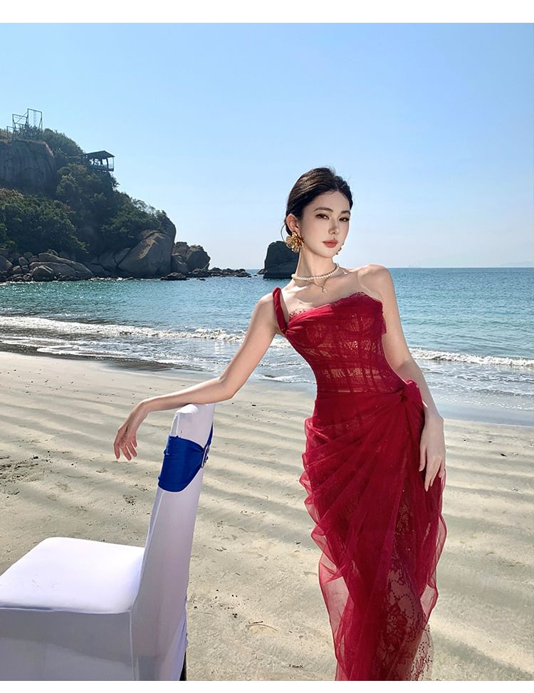 Maxi Sleeveless Evening One Ruffle Shoulder Sheer Sequin Gown