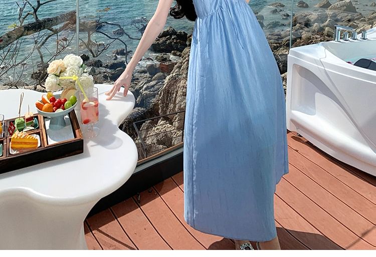 Strap Dress V-Neck Ruched Spaghetti A-Line Plain Maxi