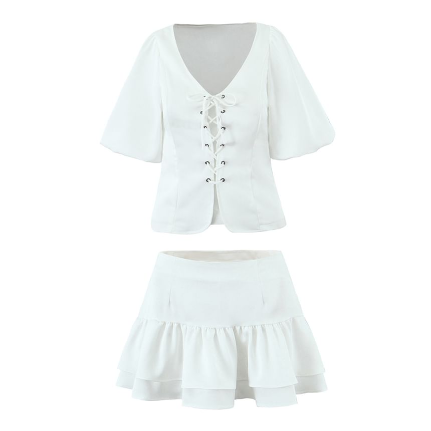 V-Neck Puff Sleeve Lace-Up Blouse & Layered Mini Skirt Set
