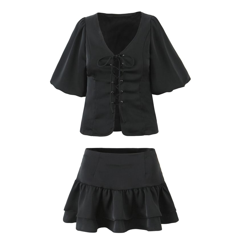 V-Neck Puff Sleeve Lace-Up Blouse & Layered Mini Skirt Set