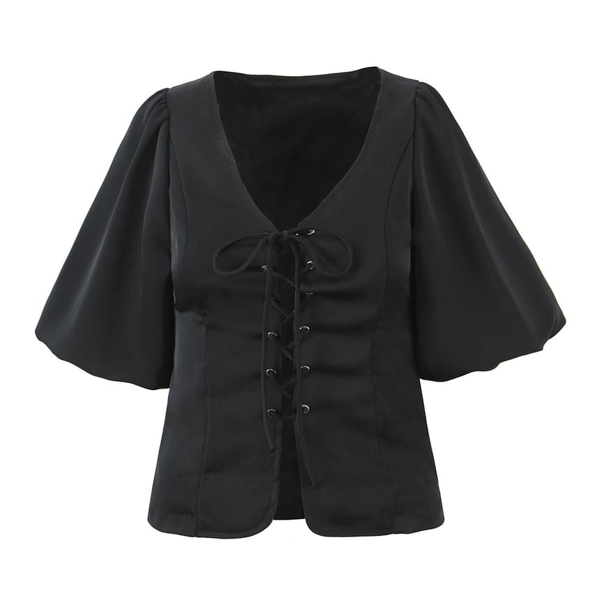 V-Neck Puff Sleeve Lace-Up Blouse & Layered Mini Skirt Set