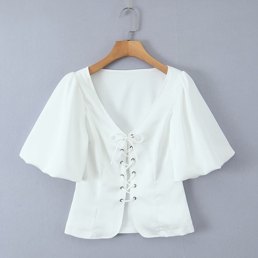 V-Neck Puff Sleeve Lace-Up Blouse & Layered Mini Skirt Set