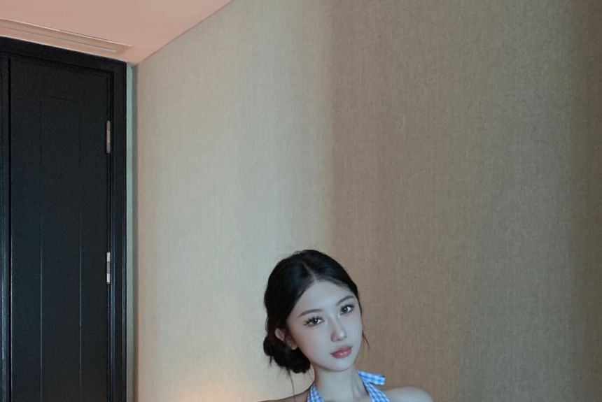 Pants V-Neck / Button-Up Low Wide Leg Crop Waist Top Halter Gingham