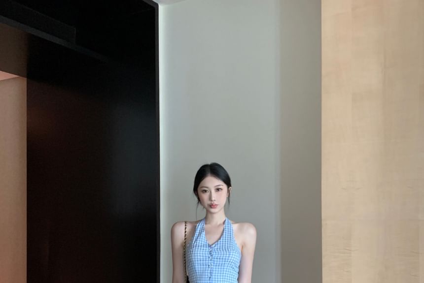 Pants V-Neck / Button-Up Low Wide Leg Crop Waist Top Halter Gingham