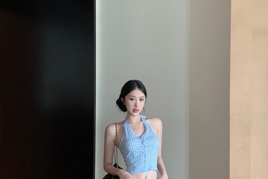 Pants V-Neck / Button-Up Low Wide Leg Crop Waist Top Halter Gingham