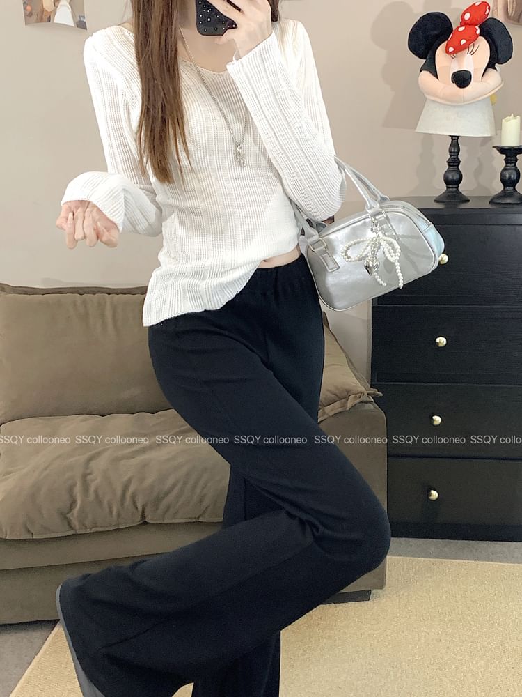 Rise Flared Pants Plain Mid